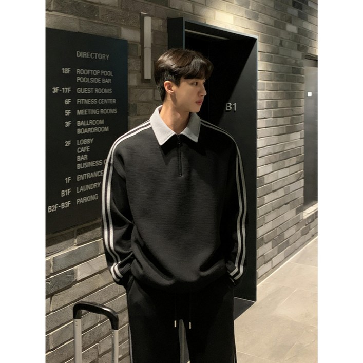 ANYOU 남성용 긴팔 스트라이프 맨투맨 트레이닝 세트 캐주얼 트레이닝 상하의 세트