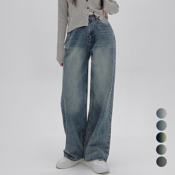 코모도 여성 와이드 청바지 뒷밴딩 롱 데님 팬츠  3단기장 