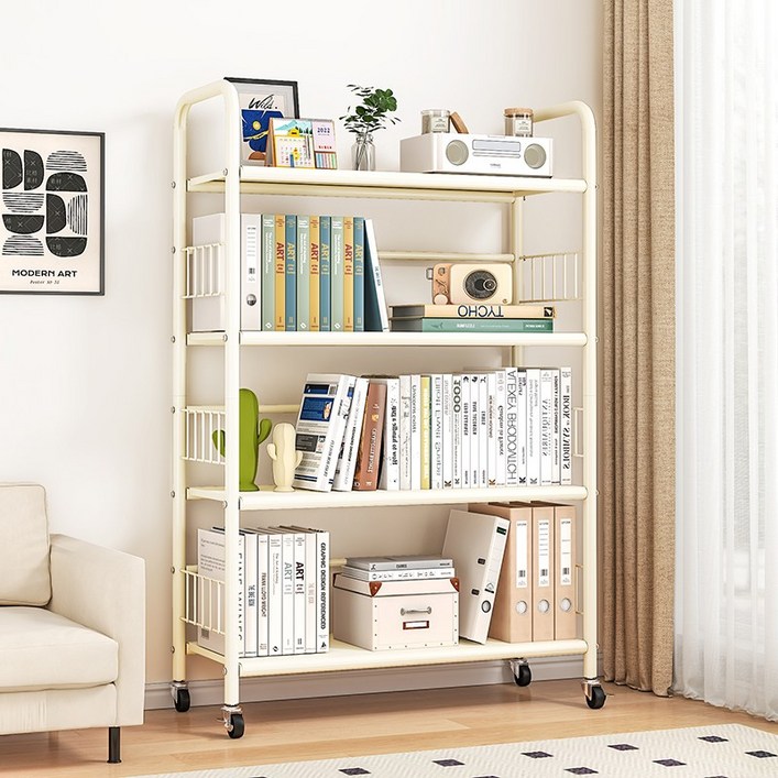 다용도 철제 책장 선반 이동식 책꽂이, 4단, 화이트
