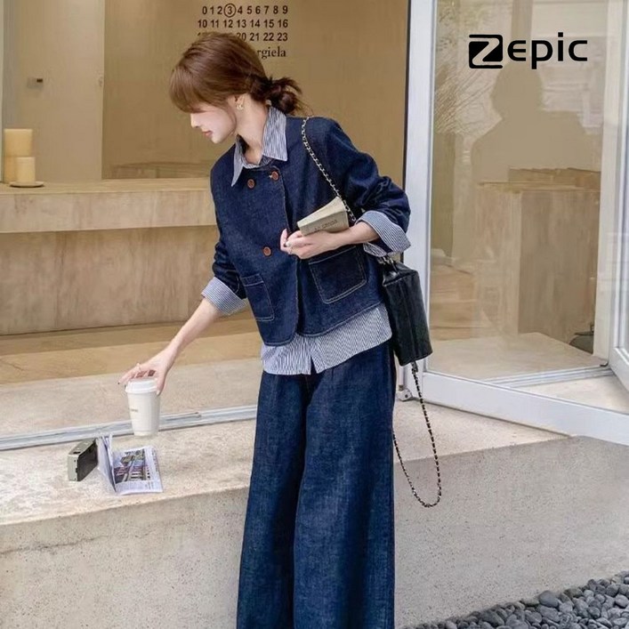 Zepic 여성 데님 투피스 캐주얼 데님 패치워크+데님 통바지