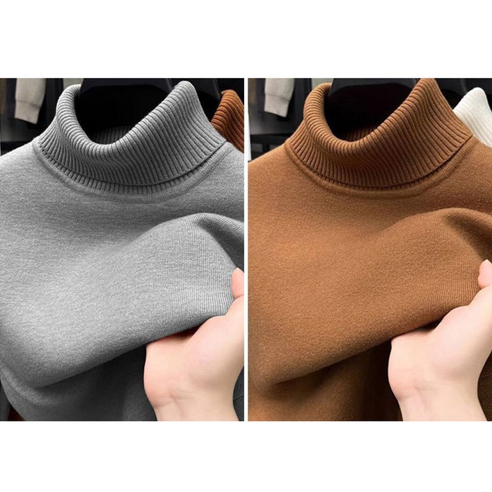 1+1 남성 목폴라 니트 스웨터 캐주얼 가을 겨울 도톰 풀오버 상의 루즈핏 터틀넥 니트 긴팔티 심플 데일리 남자 일체형 기모 스웨터 CY