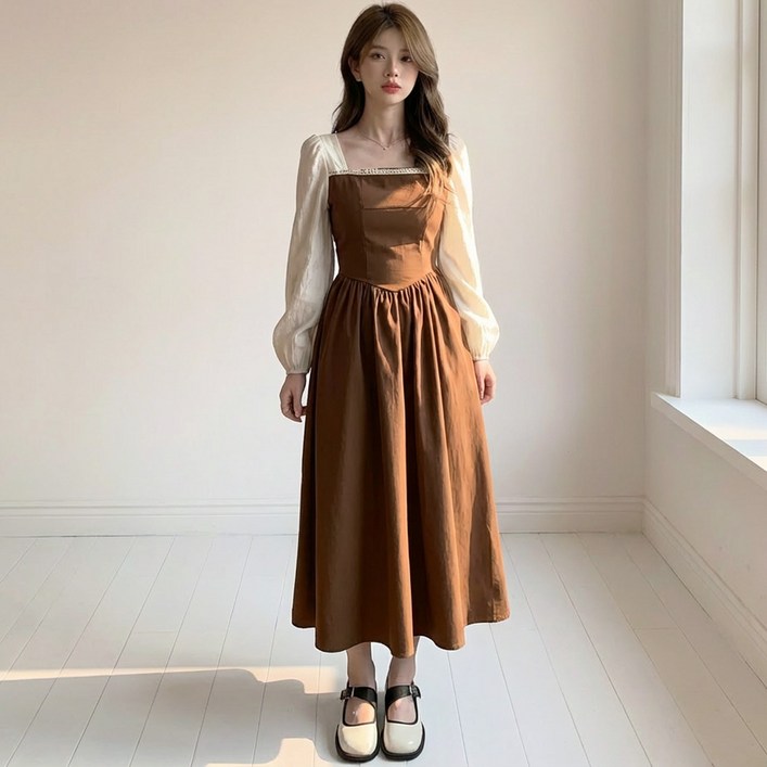 D119-9 너멜포 빅사이즈 여성 스퀘어넥 스모크 밴딩 롱원피스 44-100