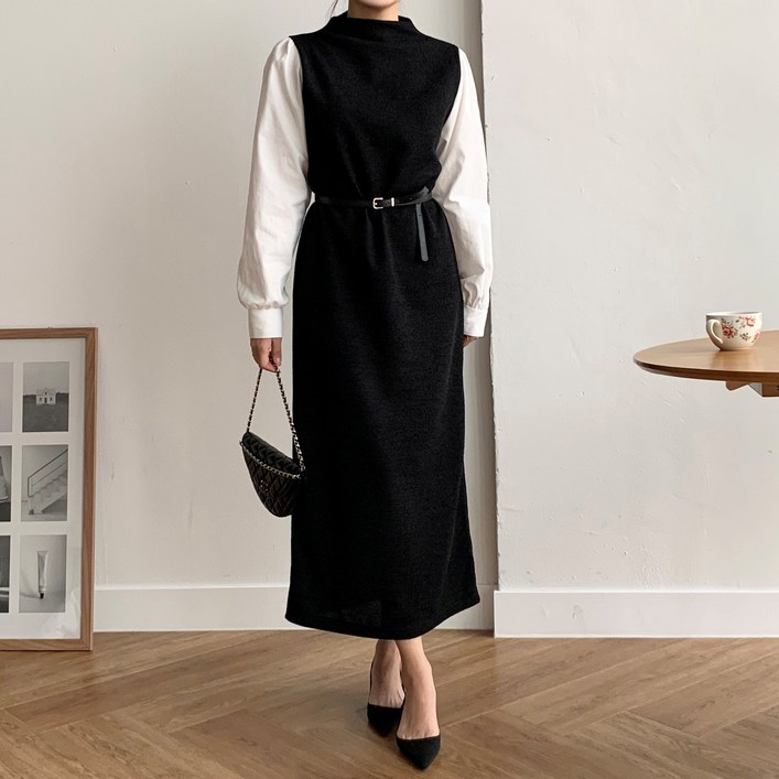 더한땀 여성 배색 니트 벨트 롱 원피스 결혼식 하객룩 상견례 옷차림 오피스룩