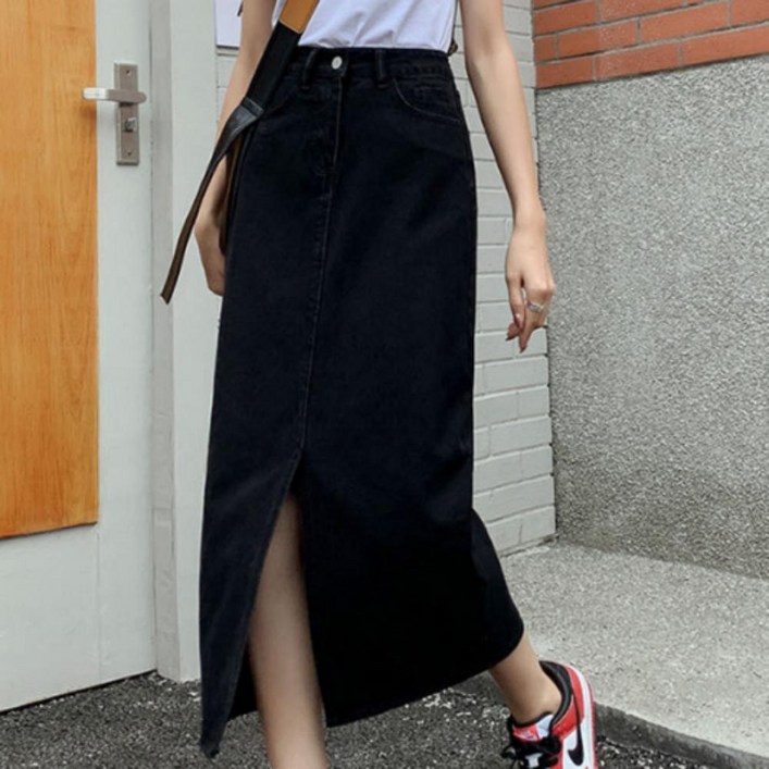 여성 데님 미디 스커트 청치마 생지 롱 H라인 밑단 트임