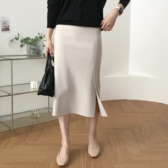 여성 H라인 밴딩 슬림핏 사이드 트임 미디 스커트 빅사이즈 데일리 오피스룩 국내제작