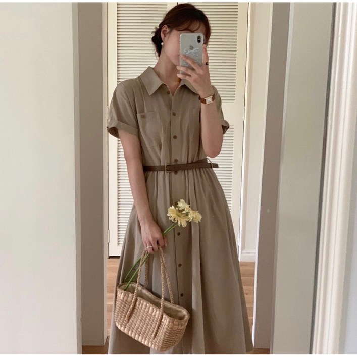 루어스룸 헤이즐 가을 코튼 벨트세트 버튼 플레어 A라인 빅사이즈 여성 a라인 반팔 66 77 88 임산부 하객룩 셔츠 롱 원피스2color 돌잔치룩