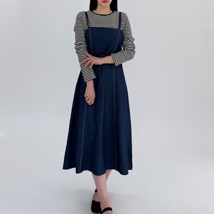 모드 스티치 두줄 스트랩 데님 청 뷔스티에 원피스