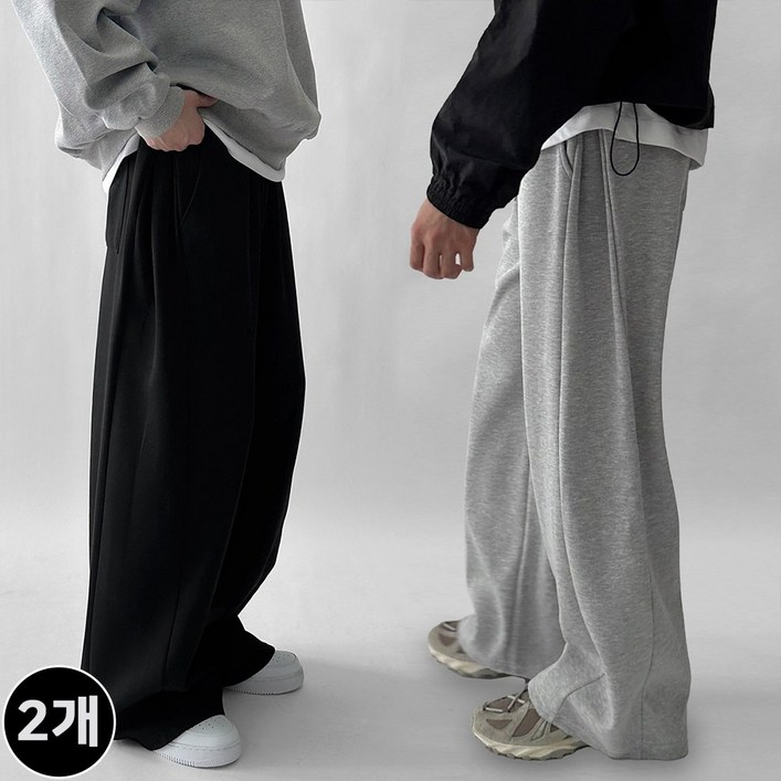 [1+1] 2장묶음 빠델 겨울 기모 핀턱 벌룬 와이드 트레이닝 스웻 커브드 팬츠 회색 트레이닝팬츠