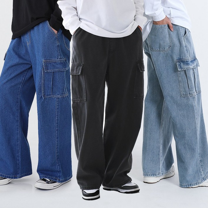 벤티브 남자 카고오버와이드 청바지 빅사이즈 M4XL 워싱 데님 팬츠