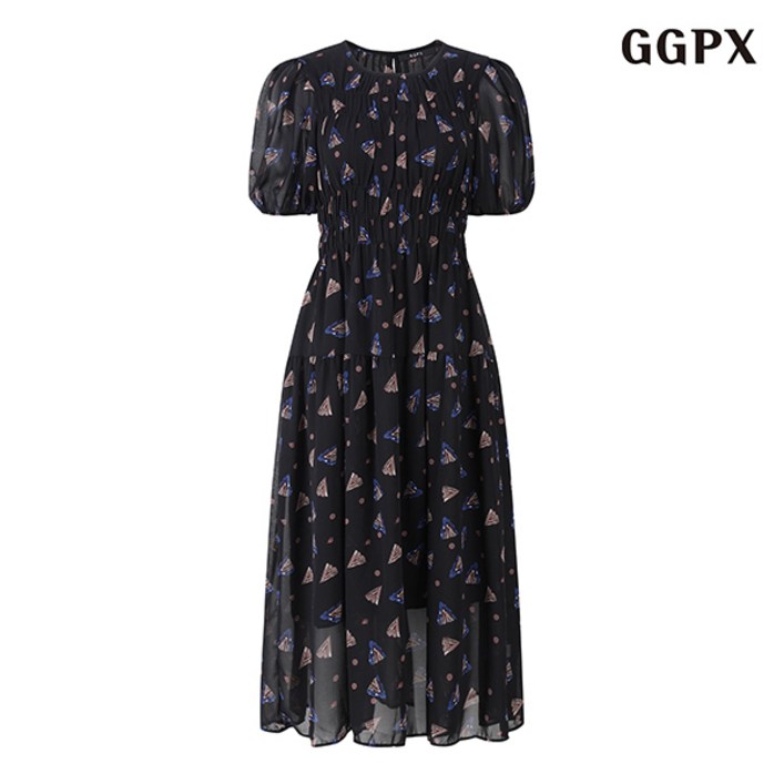 GGPX 페미닌 프린팅 쉬폰 셔링 플레어 롱 원피스  GOBOW064D