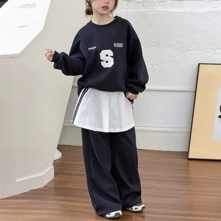 투나이언 치마 레이어드 와이드 팬츠+맨투맨 상하복세트