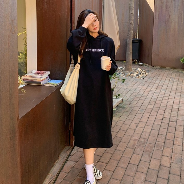 CON 롱 기모 후드 원피스