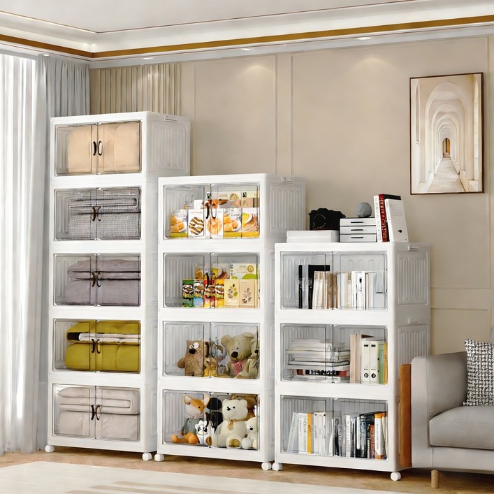 Kleeno 접이식 설치 면제 양문 수납장 3단 4단 5단 이동식 다용도 수납장 가정 베란다 거실용 수납장 간식 장난감 수납장 리빙박스 정리함 수납함, 3층