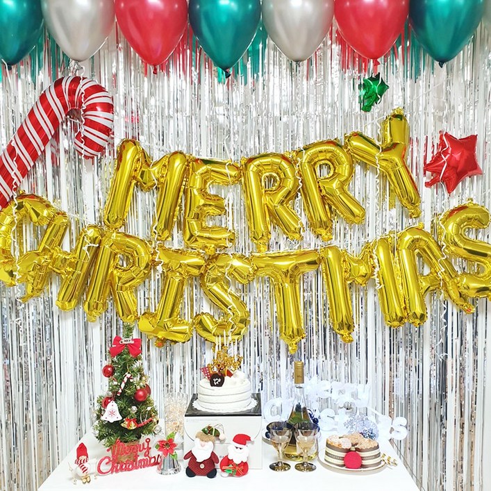 크리스마스 파티 커튼 세트 성탄절 장식 행사 꾸미기, 펄풍선(크리스마스)+이니셜(레드그린)+커튼(골드)