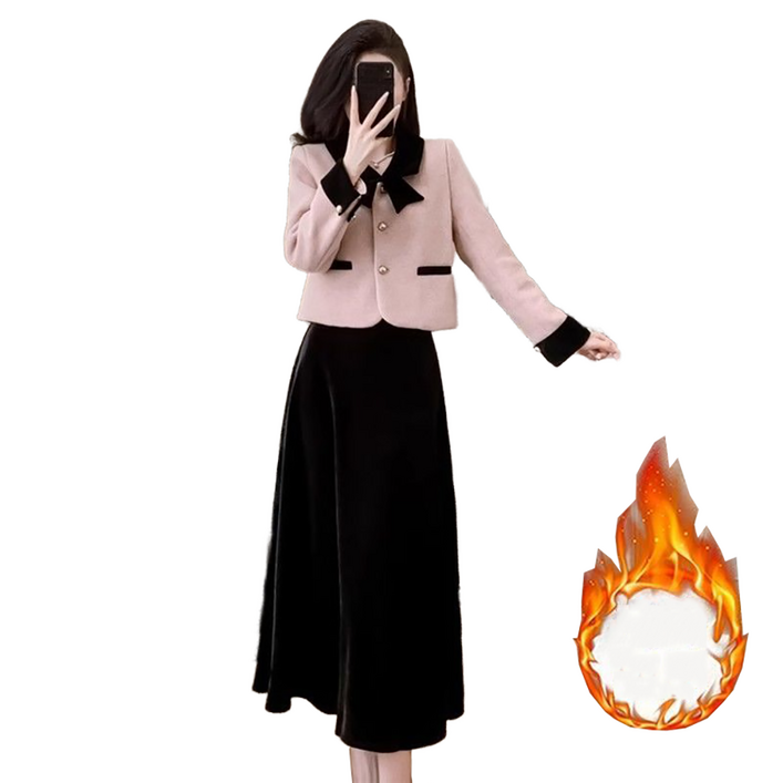 셀럽당 빅 사이즈 가을 겨울 리본  솜을 첨가하다  도톰한 코트 여 슬림핏 스커트 투피스Q05018