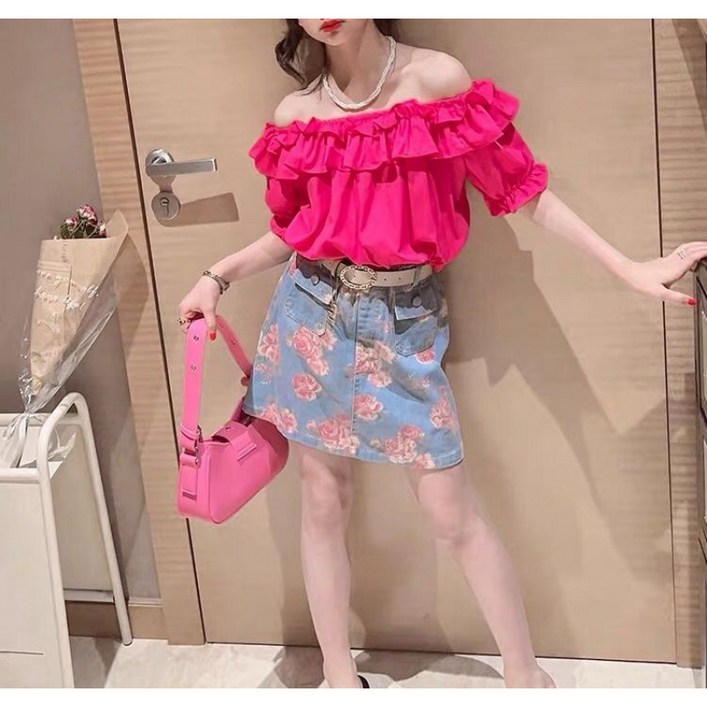 Toruva어린이 달콤한 러플 오프숄더 반팔 티셔츠 패셔너블 귀여운 스타일14세 이상