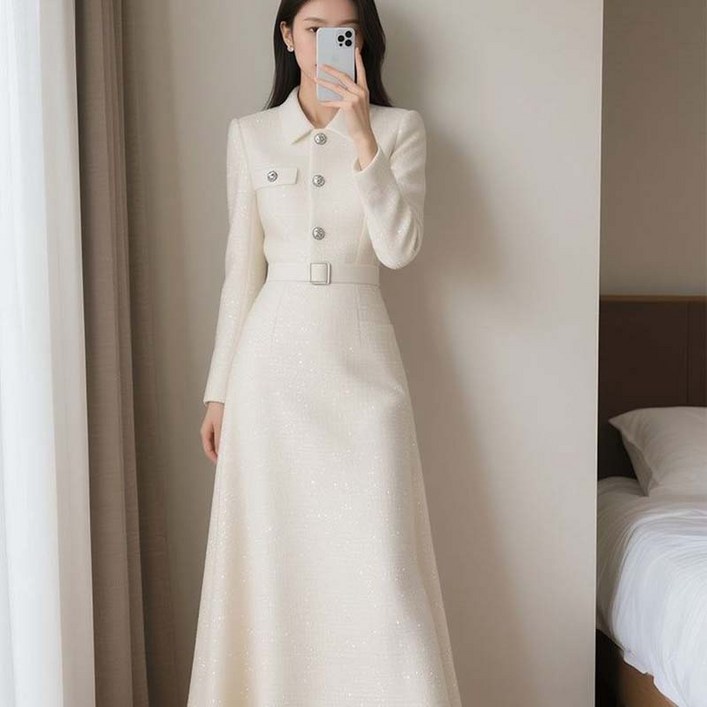 AOKADA 여성 봄 가을 슬림핏 카라넥 오피스룩 하객룩 A라인 원피스