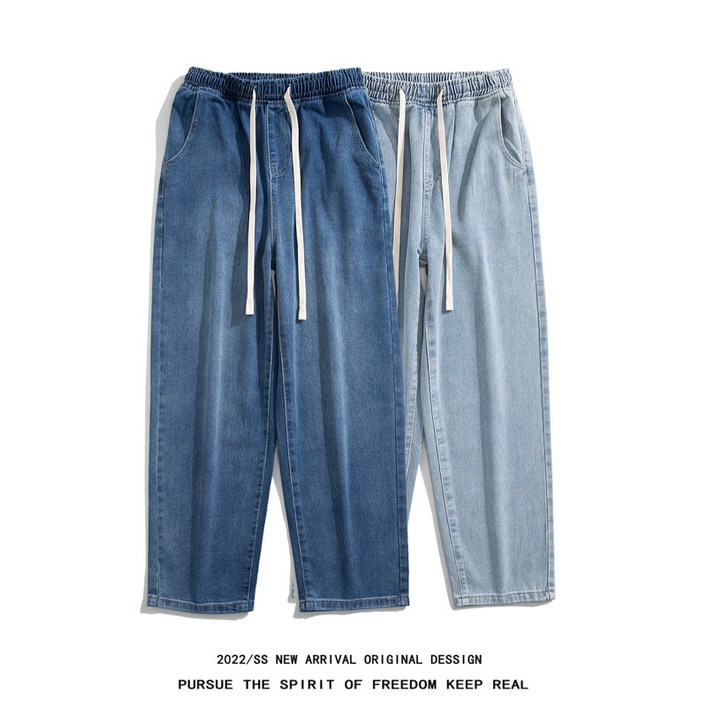 일본 대형 스트레이트 청바지 남성용 여름 얇은 세척 탄성 허리 드로 스트링 청바지 걸레 바지 여성 K693