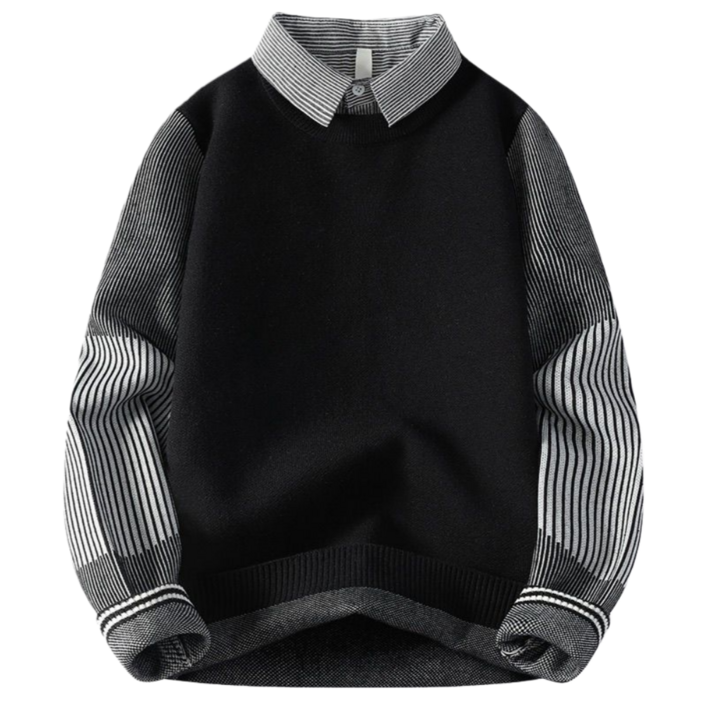 Makone 남성 가을 겨울 셔츠카라 레이어드 티셔츠 스트라이프 캐주얼 스웨터