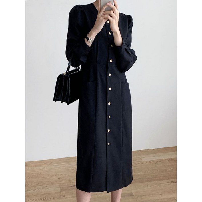 에꼴드파리 브레스트 퍼프 단추 롱원피스 F59WOB006Z