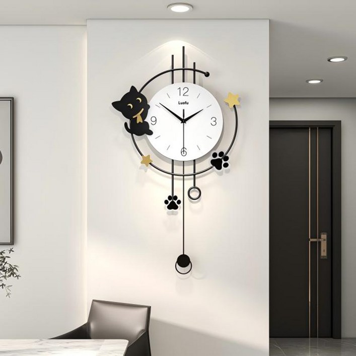Luofu 인테리어 벽시계 귀여운 고양이스타 현대 심플 무소음 벽걸이 추시계