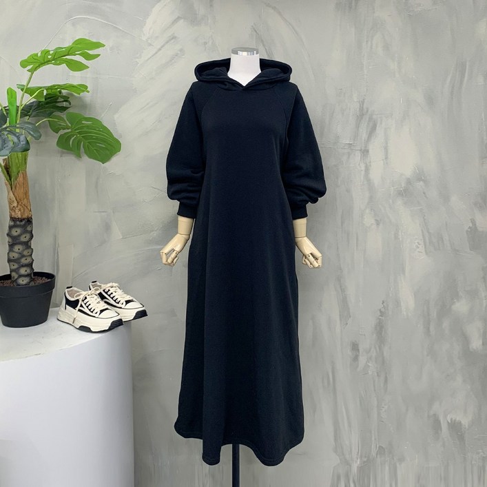 행복여 크리미 절개 루즈핏 후드 기모 원피스