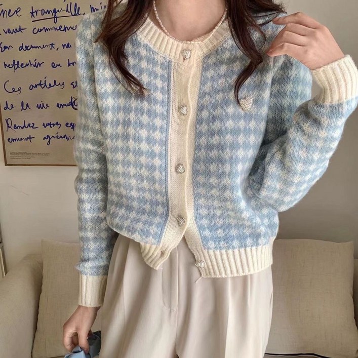 야오야오 여성용 하운드 투스 체크 하트큐빅 울 니트 가디건 야오야오 여성용 하운드 투스 체크 하트큐빅 울 니트 가디건