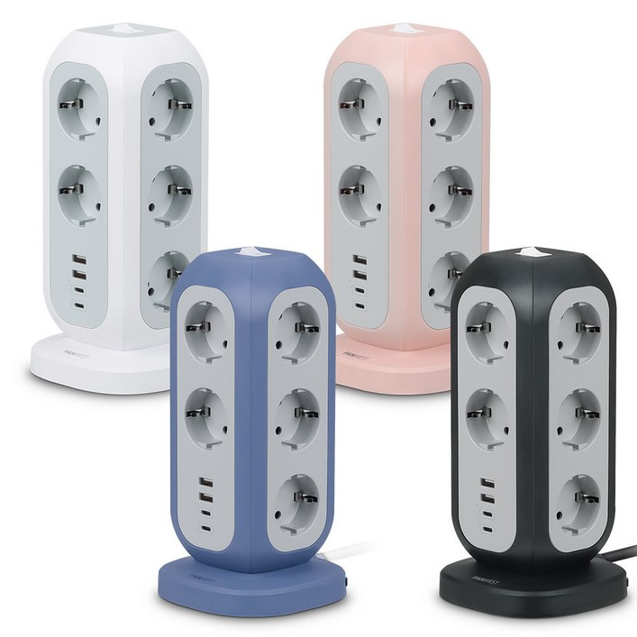 PANWEST multitower 1122 괴물스펙 15구 고용량 타워형 컬러 멀티탭 USB포트 장착, 1개, 베이비핑크, 2m