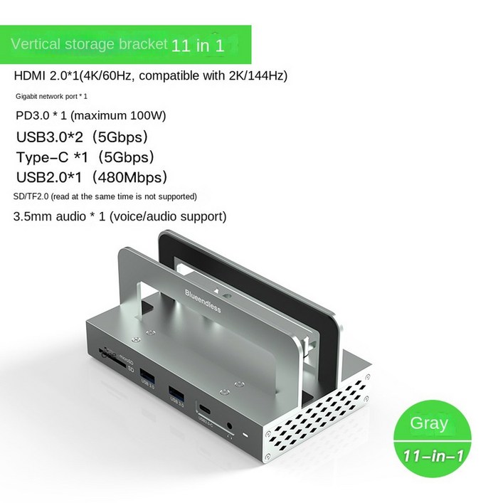 맥북 프로용 알루미늄 합금 노트북 수직 도킹 스테이션, HDMI 호환 C타입 USB 3.0 어댑터, Pd 100W, 11 in