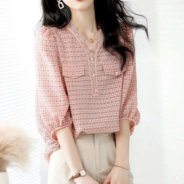 패션고리 여성 레이스 브이넥 핑크 하객 7부 블라우스 H775