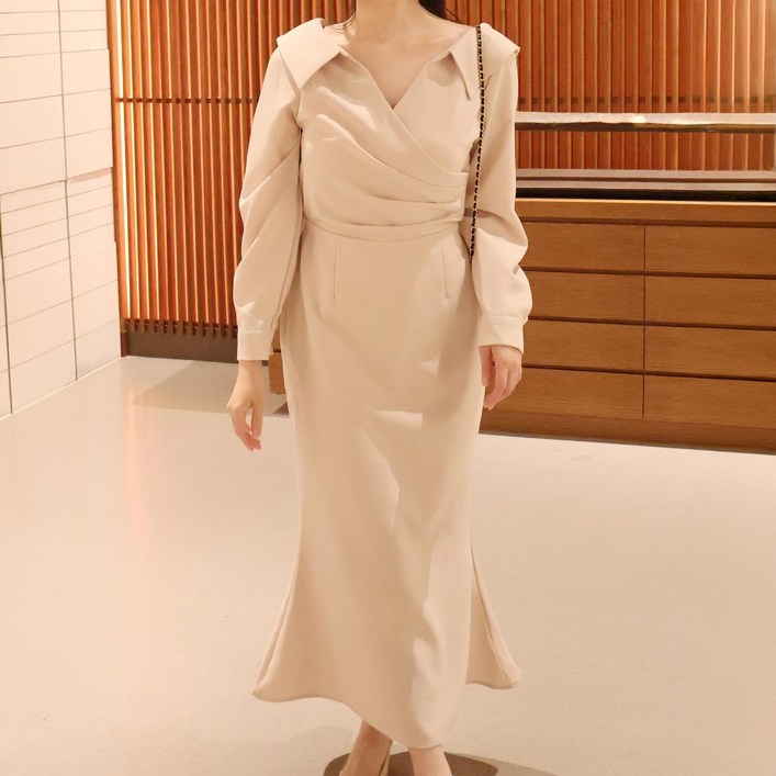 셔링 랩 머메이드 원피스 오픈카라 가을 하객룩 3컬러