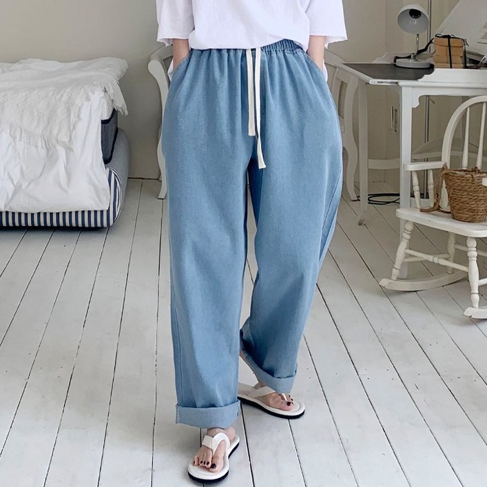 애플망고옷장 오버핏 데님와이드 일자통밴딩팬츠 넉넉사이즈 청바지