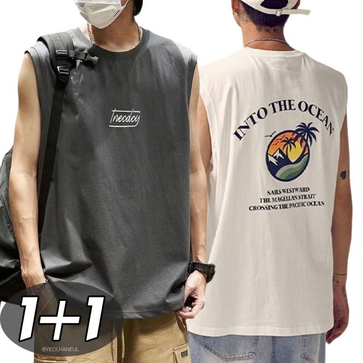 별하늘 11 남성용 패션 민소매 오버핏 티셔츠 2P