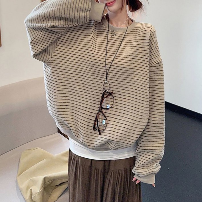 지고다그 여성 가을 루즈핏 스트라이프 맨투맨 캐주얼한 데일리 편안한 롱슬리브 XFT0392