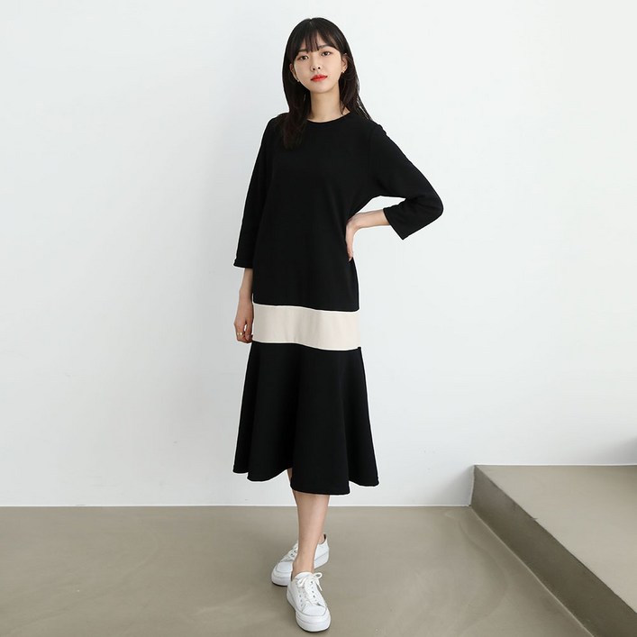 프롬코 여성 데일리 칠부소매 배색 플레어 롱 원피스 FRC151