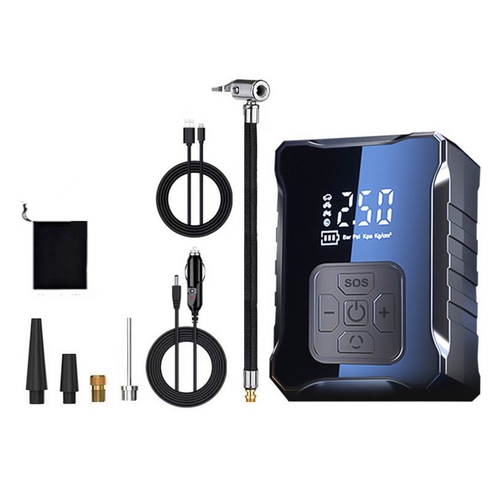 티앤77 무선 자동차 휴대용 전동 타이어 에어펌프 오토바이 자전거 자동 공기압 바람 주입기보조배터리 라이트 튜브 용품, 블랙, 1개