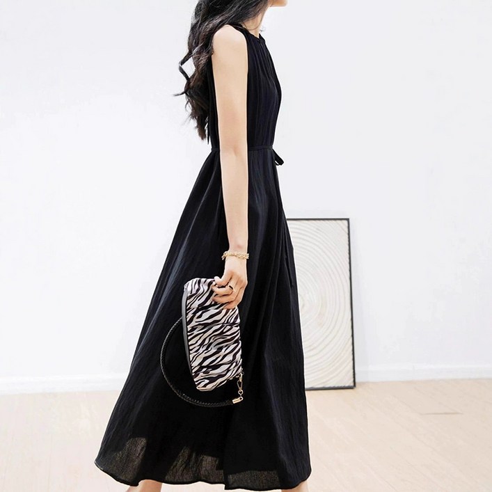 2025 신상프렌치 스타일 롱 원피스 주름 디자인 허리끈 슬림 핏 N-0032