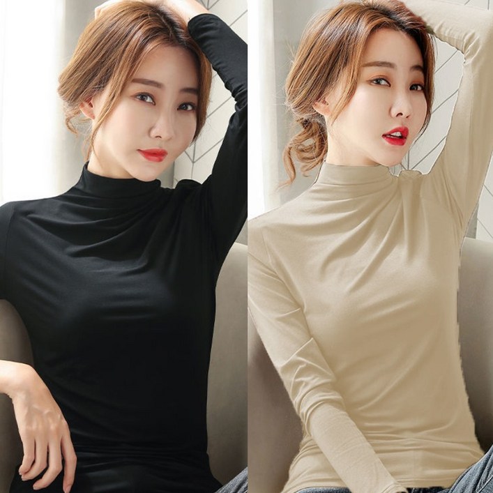 11 2장 봄 가을 겨울 여성 스판 하이넥 이너티 슬림 긴팔 티셔츠