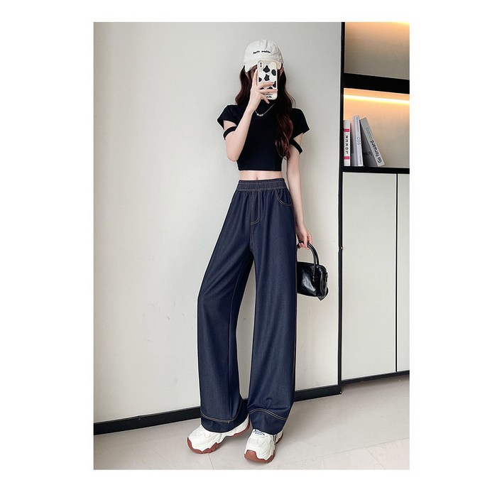 여름 얇은 여성 밴딩 스판 청바지 시원한 세미와이드 데님 팬츠 냉장고바지