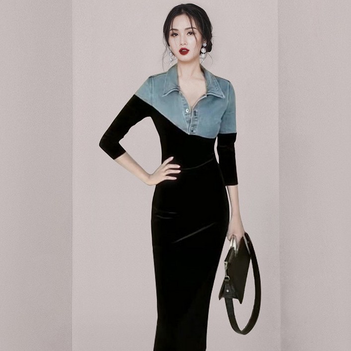 터틀넥데님긴팔원피스