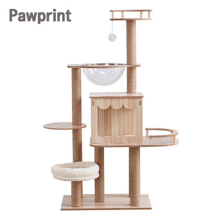 Pawprint 캣타워 대형 원목 고양이 타워, 3단 구조, 안정적 설계, 고양이 스크래처 및 숨숨집 포함, 실내/아파트/다층 구조 적합, 성묘 및 새끼 고양이 모두 사용 가능