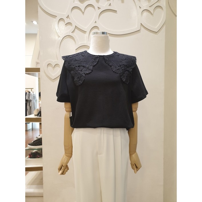 샤틴 라운드넥 레이스 포인트 면 티셔츠