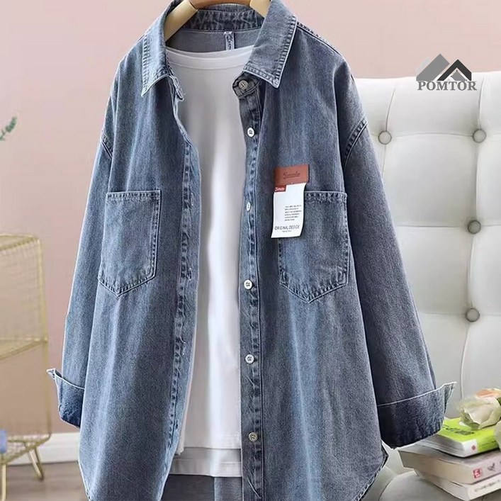 POMTOR 여성 데일리 워싱 데님 기본 셔츠 긴팔 오버핏 청남방 POMTOR 여성 데일리 워싱 데님 기본 셔츠 긴팔 오버핏 청남방