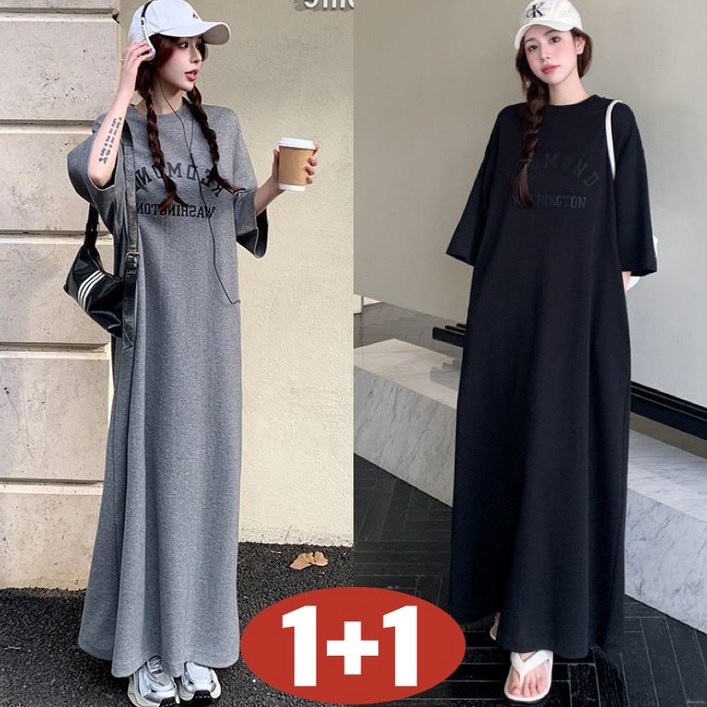 완전 편한 150kg까지 빅사이즈 11 여성 시카고 레터링 프린트 롱 티셔츠 원피스 여름 편한 심플 박스 루즈핏 날씬해보이는 베이직 반팔 주머니있는 외출용 홈웨어 원피스