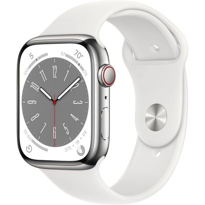 Apple Watch Series 8 GPS  Cellular, 45MM 실버 스테인리스 스틸 케이스와 화이트 스포츠 밴드 리뉴얼 프리미엄