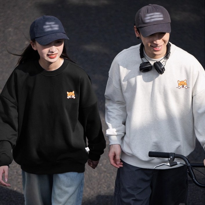 FONOW 남녀공용 가을 겨울 시바견 프린팅 소프트 특양면 오버핏 맨투맨