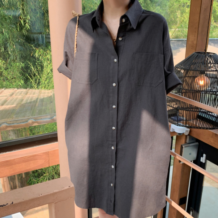 더블공주 단색 루즈핏 블라우스 반팔 셔츠 원피스