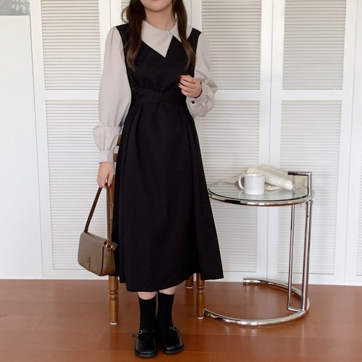 천하오 빈티지 터틀넥 패치 원피스 여성용 날씬해 보이는 퍼프 원피스 TZ1060