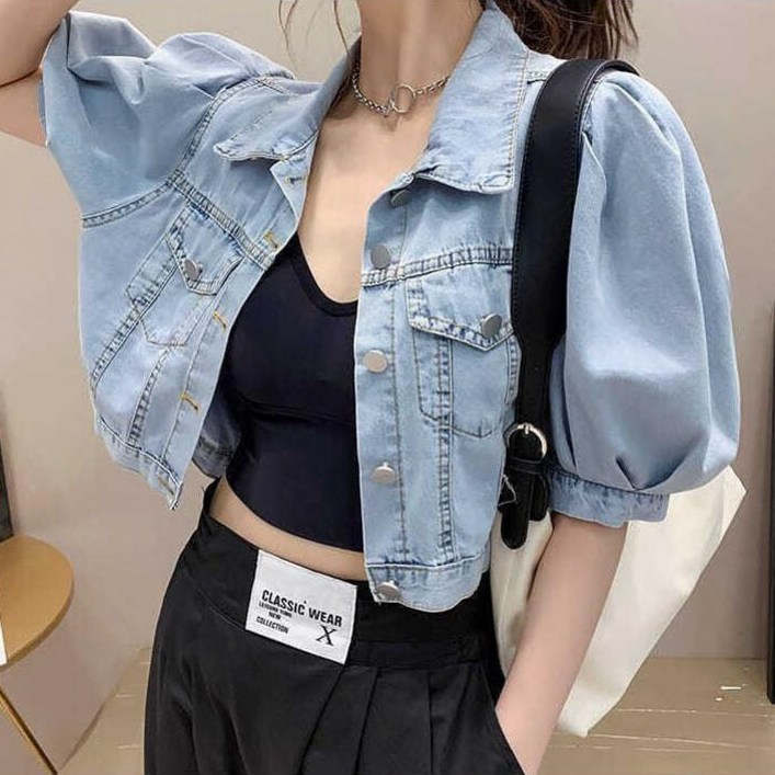 여성 언발란스 데님 크롭 자켓 연청 퍼프 소매 벌룬 반팔 청자켓 재킷