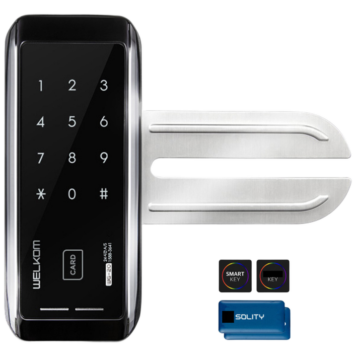 수도권설치내일도 가능 솔리티 웰콤 WG20 단문형 카드키4개번호키 강화유리문전용 좌우수문인식키패드자동전환 상시문열림기능 차임벨 생활방수 상가 현관문 디지털도어락 도어록